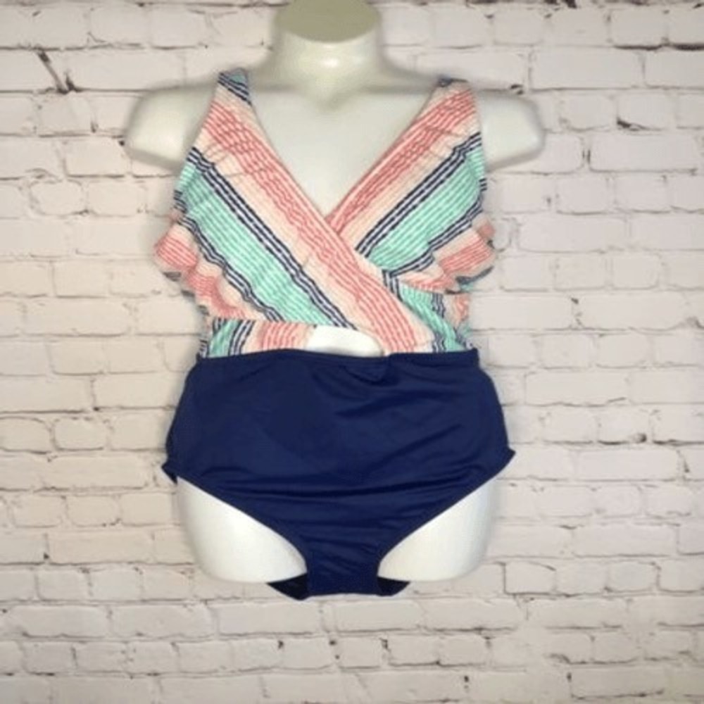 NWT Beach Betty Blue Keyholes Slimming Control Faux Wrap Front Swimsuit Women S
